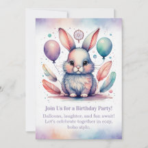 Convite de Aniversário de Coelho Fofo Boho Florest