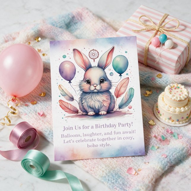 Convite de Aniversário de Coelho Fofo Boho Florest (Cute Rabbit Birthday Invitation Woodland Boho)