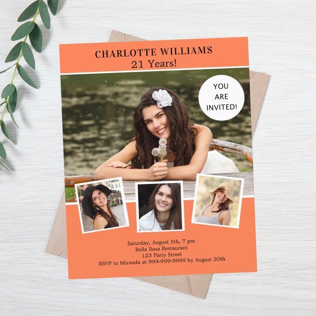 Convite de aniversário de colagem de fotos corais (Criador carregado)