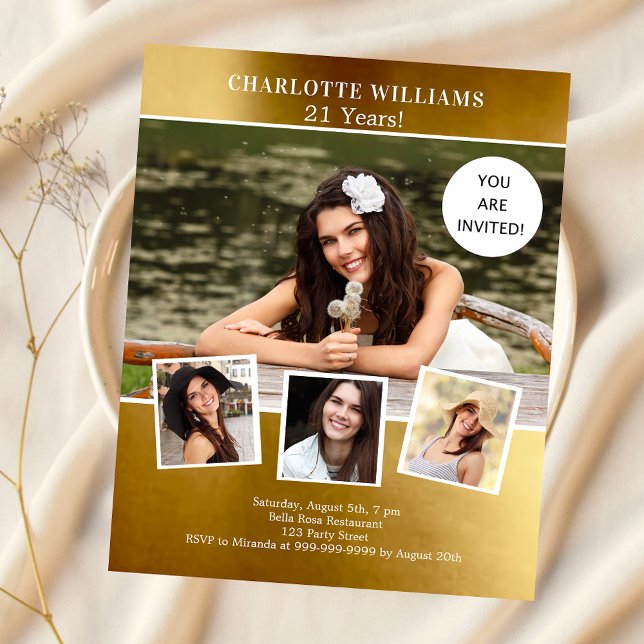 Convite de aniversário de colagem de fotos Dourada (Criador carregado)