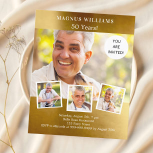 Convite de aniversário de colagem de fotos Dourada