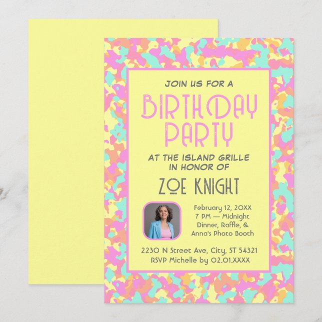 Convite de aniversário de Confetti Amarelo Pastel (Frente/Verso)