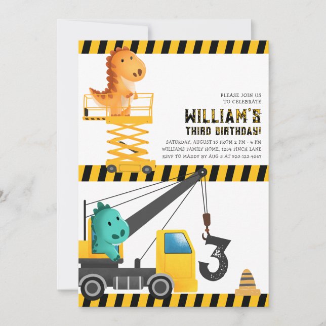 Convite de aniversário de Construção dos Dinossaur (Frente)