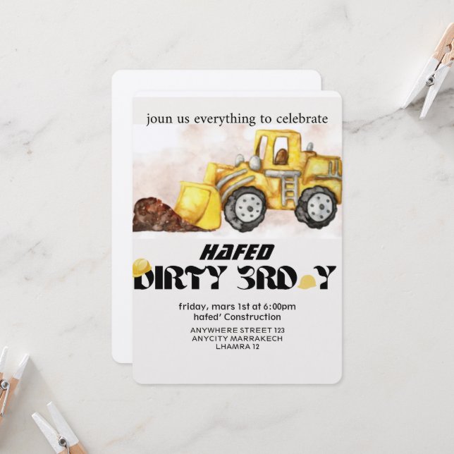 Convite de Aniversário de Construção Editável Lixo (Frente/Verso In Situ)