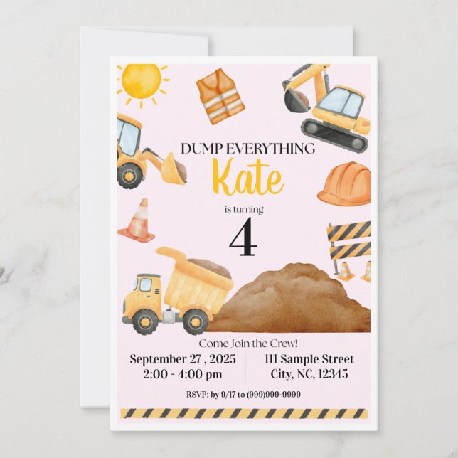 Convite de Aniversário de Construção para Meninas (Frente)