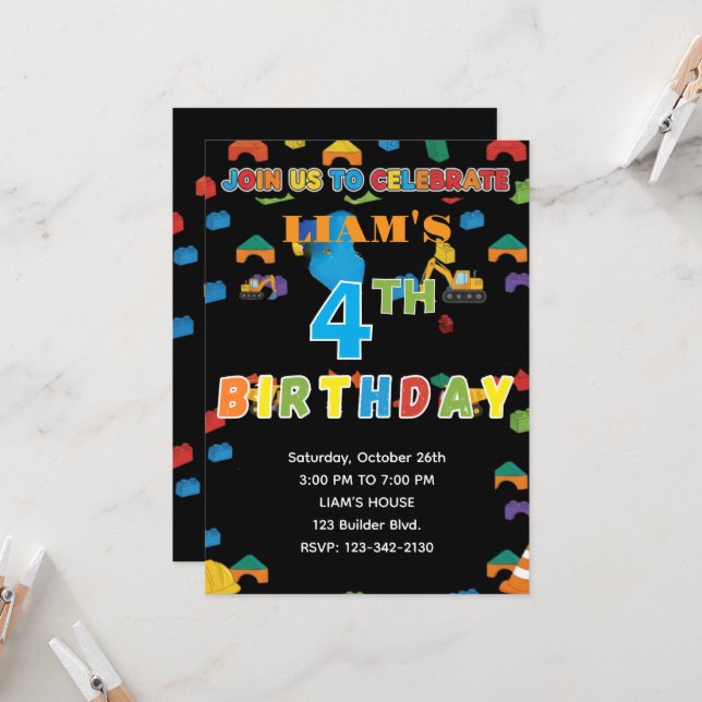 Convite de Aniversário de Construção Personalizáve (Frente/Verso In Situ)