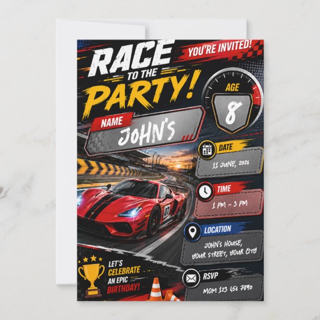 Convite de Aniversário de Corrida de Carros para C (Frente)