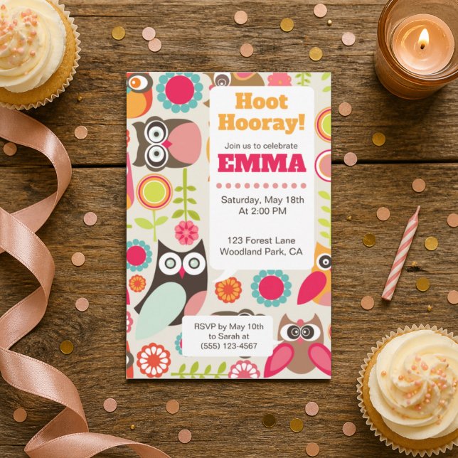 Convite de Aniversário de Coruja Fofa Hoot Hooray  (Criador carregado)