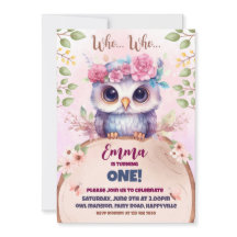 Convite de aniversário de coruja rosa-branca