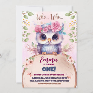 Convite de aniversário de coruja rosa-branca
