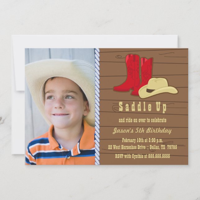 convite de aniversário de cowboy de fotografia (Frente)