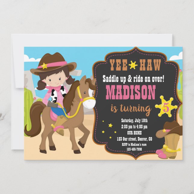 Convite de aniversário de Cowgirl Convite ocidenta (Frente)
