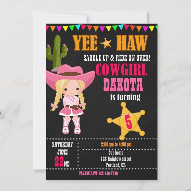 Convite de aniversário de Cowgirl Country Western  (Frente)