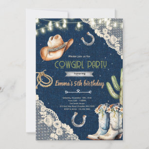 Convite de aniversário de cowgirl de jeans e renda