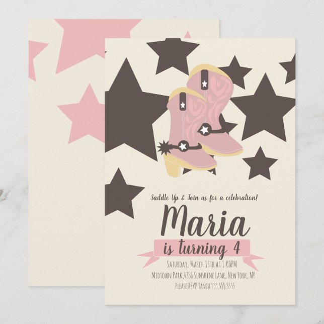 Convite de Aniversário de Cowgirl Estrelas Rosa (Frente/Verso)