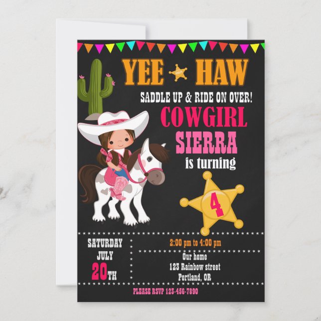 Convite de aniversário de Cowgirl festa de anivers (Frente)