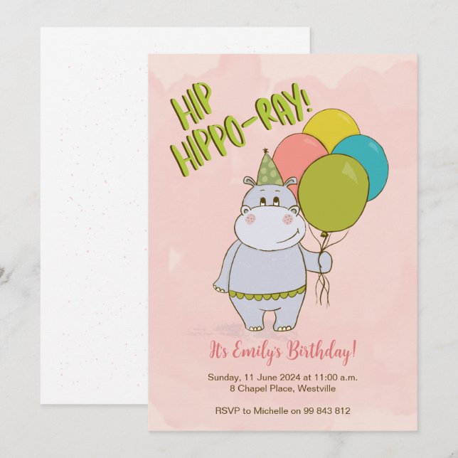 Convite de Aniversário de criança Hip Hippo-Ray (Frente/Verso)