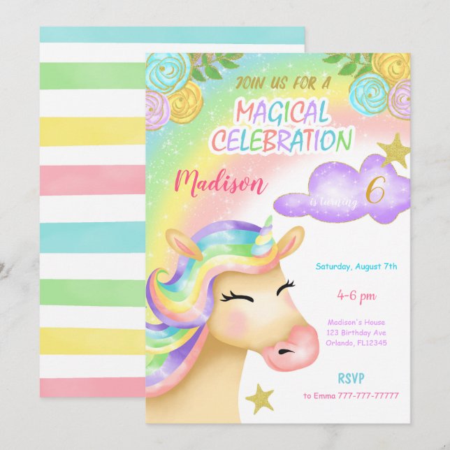 Convite de Aniversário de criança Unicorn (Frente/Verso)