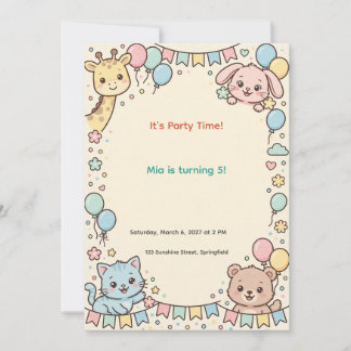 Convite de Aniversário de Crianças com Animais Fof