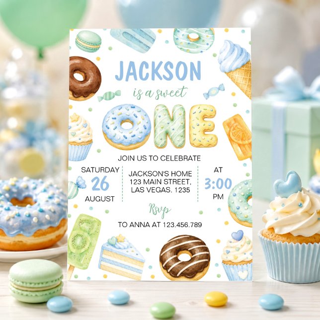 Convite de Aniversário de Crianças Sweet One Donut (Criador carregado)