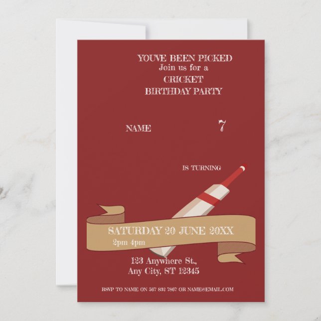 Convite de Aniversário de Cricket Esportes (Frente)