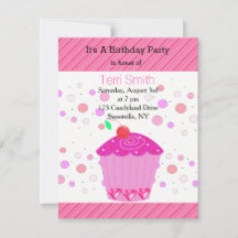 Convite de Aniversário de Cupcake Cereja Rosa