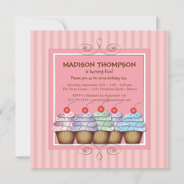 Convite de aniversário de Cupcake da garota doce (Frente)