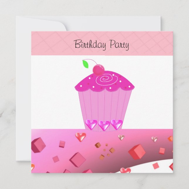 Convite de Aniversário de Cupcake Rosa (Frente)