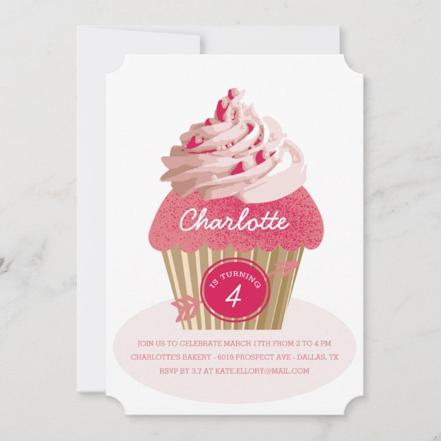 Convite de aniversário de Cupcake Rosa para Menina (Frente)