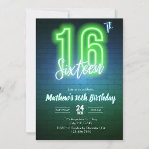 Convite de aniversário de dezesseis anos néon