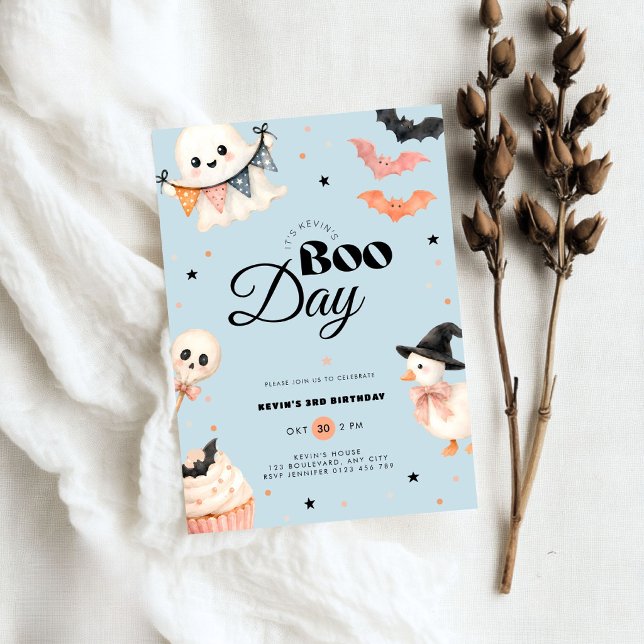 Convite de Aniversário de Dia das Bruxas Azul Boo  (Boys blue halloween boo day 3rd birthday invitation)