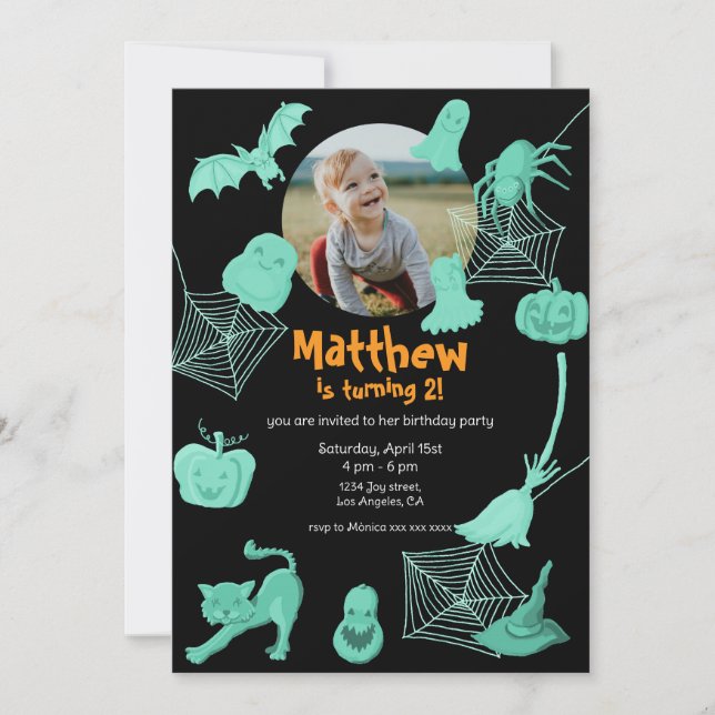 Convite de aniversário de Dia das Bruxas Preto e V (Frente)