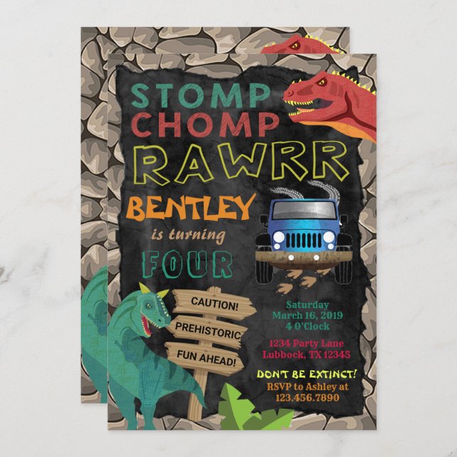 Convite de aniversário de Dinossauro (Frente/Verso)