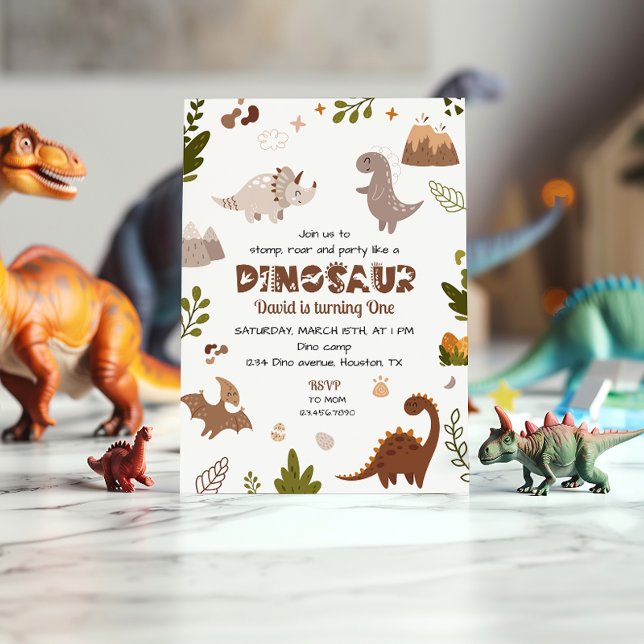 Convite de Aniversário de Dinossauro Aquarela Beig (Criador carregado)