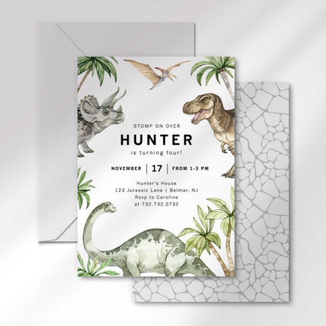 Convite de Aniversário de Dinossauro com Aquarela  (Criador carregado)