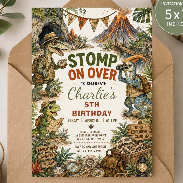 Convite de aniversário de dinossauro com erupção v (Criador carregado)