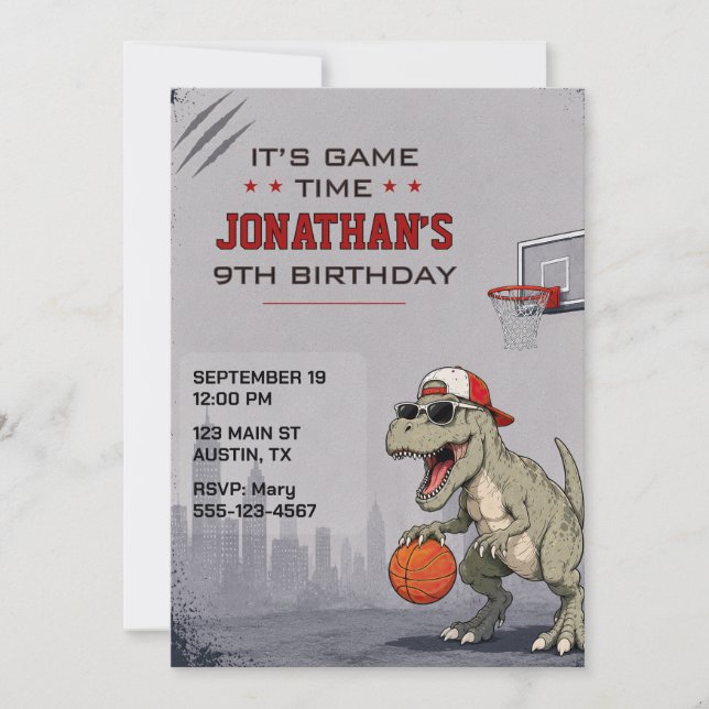 Convite de Aniversário de Dinossauro de Basquetebo (Frente)