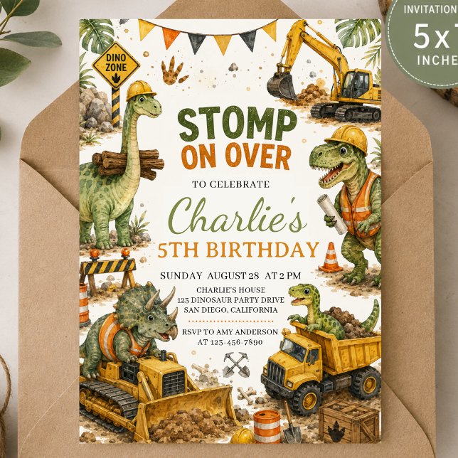 Convite de Aniversário de Dinossauro de Construção (Criador carregado)