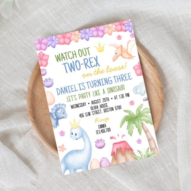 Convite de Aniversário de Dinossauro de Dois Rex (Criador carregado)