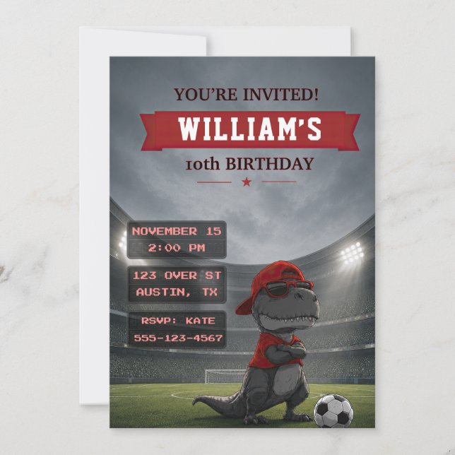 Convite de Aniversário de Dinossauro de Futebol (Frente)