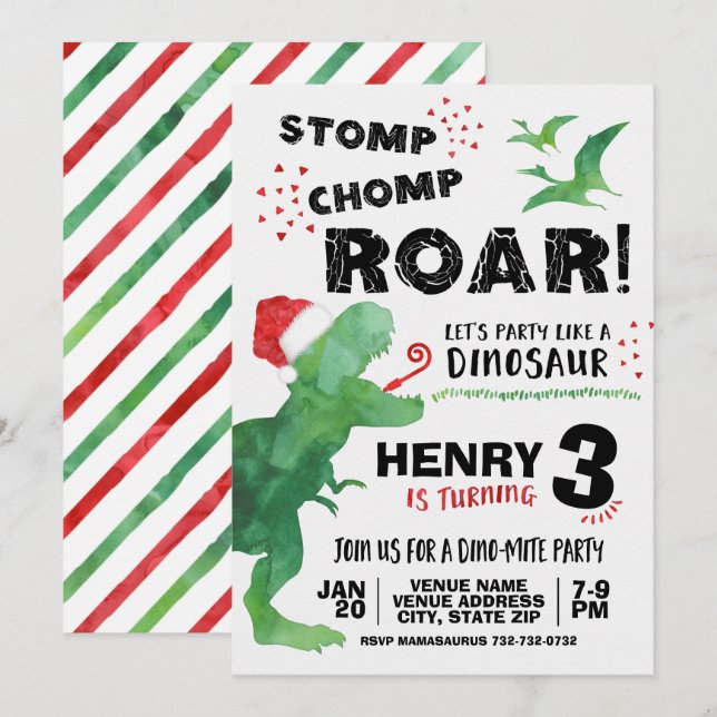 Convite de Aniversário de Dinossauro de Natal (Frente/Verso)