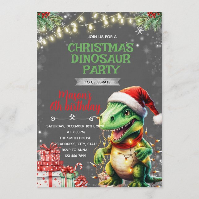 Convite de Aniversário de Dinossauro de Natal (Frente)