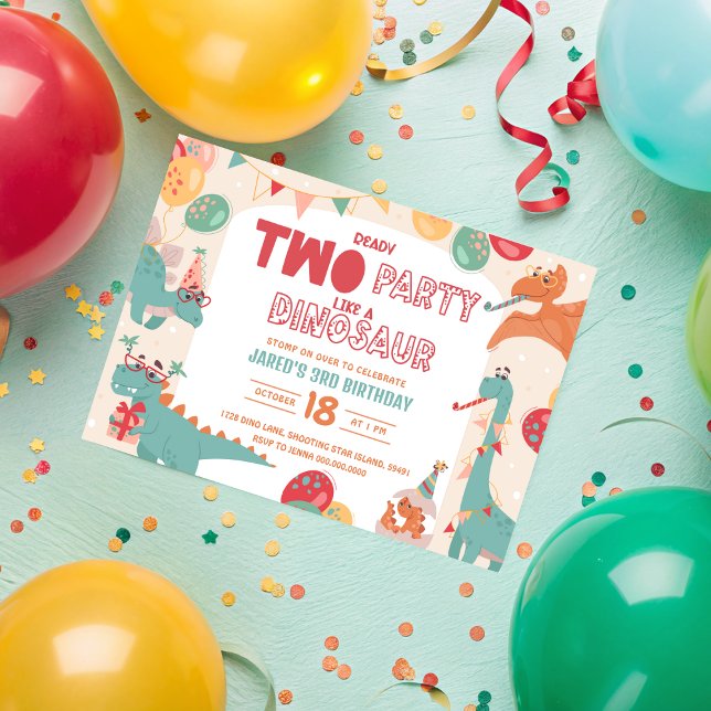 Convite de Aniversário de Dinossauro Dois. Moderno (Dinosaur Birthday Invitation Two. Modern Boy Dino
)
