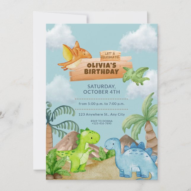 Convite de Aniversário de Dinossauro em Aquarela (Frente)