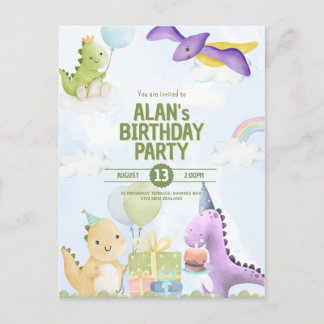 Convite de Aniversário de Dinossauro em Aquarela P