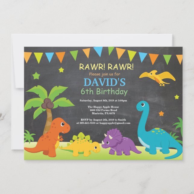 Convite de Aniversário de Dinossauro em Quadro Neg (Frente)