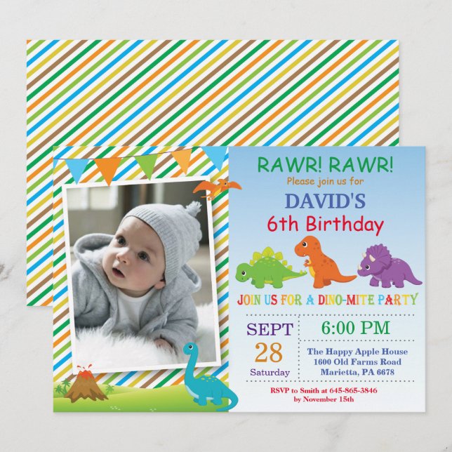 Convite de Aniversário de Dinossauro Festa Dino (Frente/Verso)