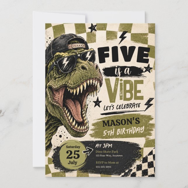 Convite de Aniversário de Dinossauro Five is a Vib (Frente)