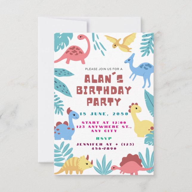 Convite de Aniversário de Dinossauro Fofo (Frente)