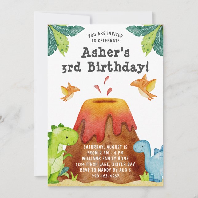 Convite de Aniversário de Dinossauro Fofo (Frente)